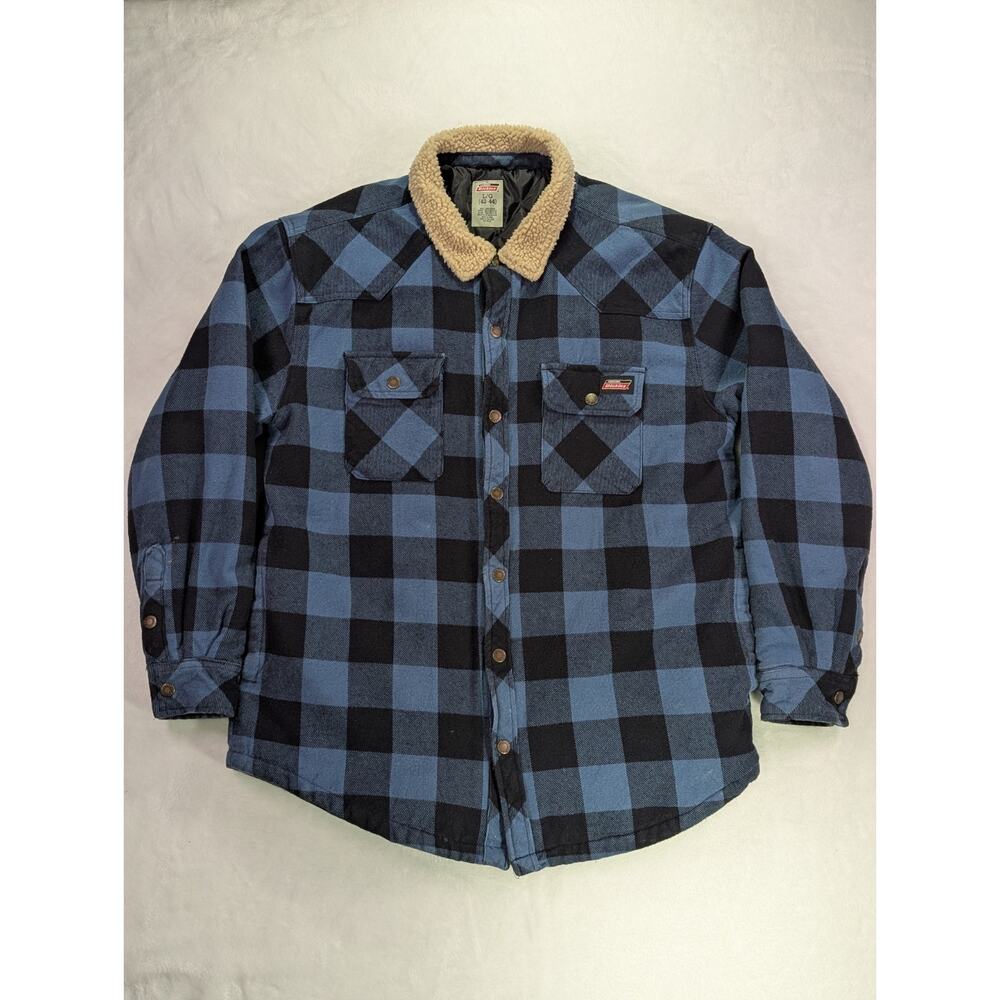 Dickies Men's L Blue Buffalo Check Quilted Flannel Shirt Jacket Sherpa Collar L